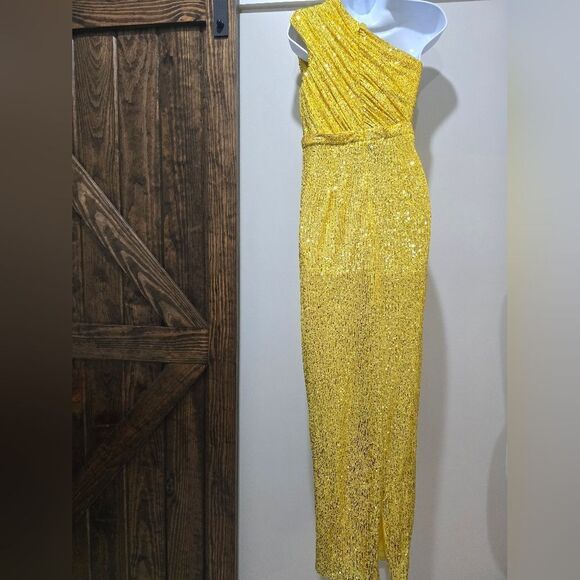 Mac Duggal 26694 Sequined Ruched One Shoulder Gown NWOT size 4 Yellow - Picture 5 of 7